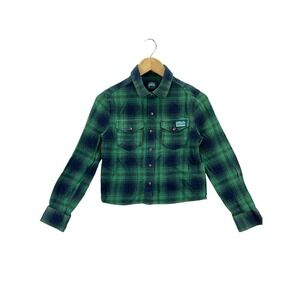Superdry Flannel Shirt Women's 4 Green Blue Plaid Cropped Button Up Shirt Casual